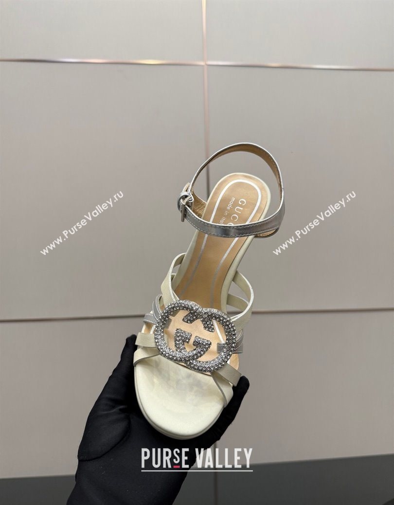 Gucci Calf Leather Platform Sandals with Strass Interlocking G White/Silver 2025 852355 (MD-251219041)