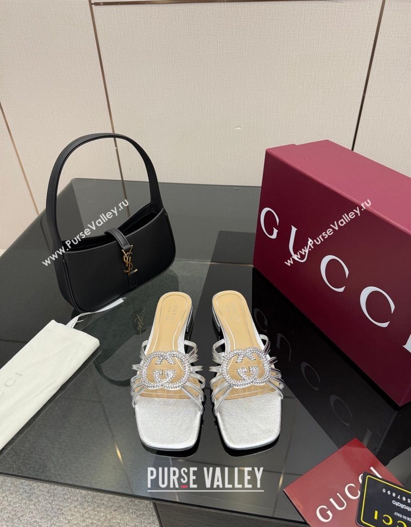 Gucci Metallic Leather Flat Slides Sandal with Strass Interlocking G Silver 2025 8523570 (MD-251219042)