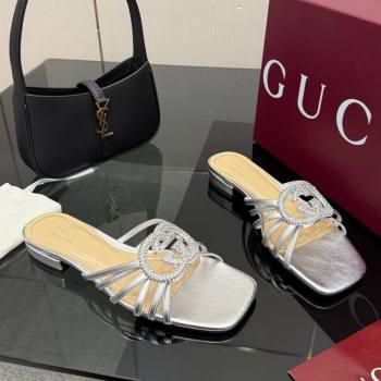 Gucci Metallic Leather Flat Slides Sandal with Strass Interlocking G Silver 2025 8523570 (MD-251219042)