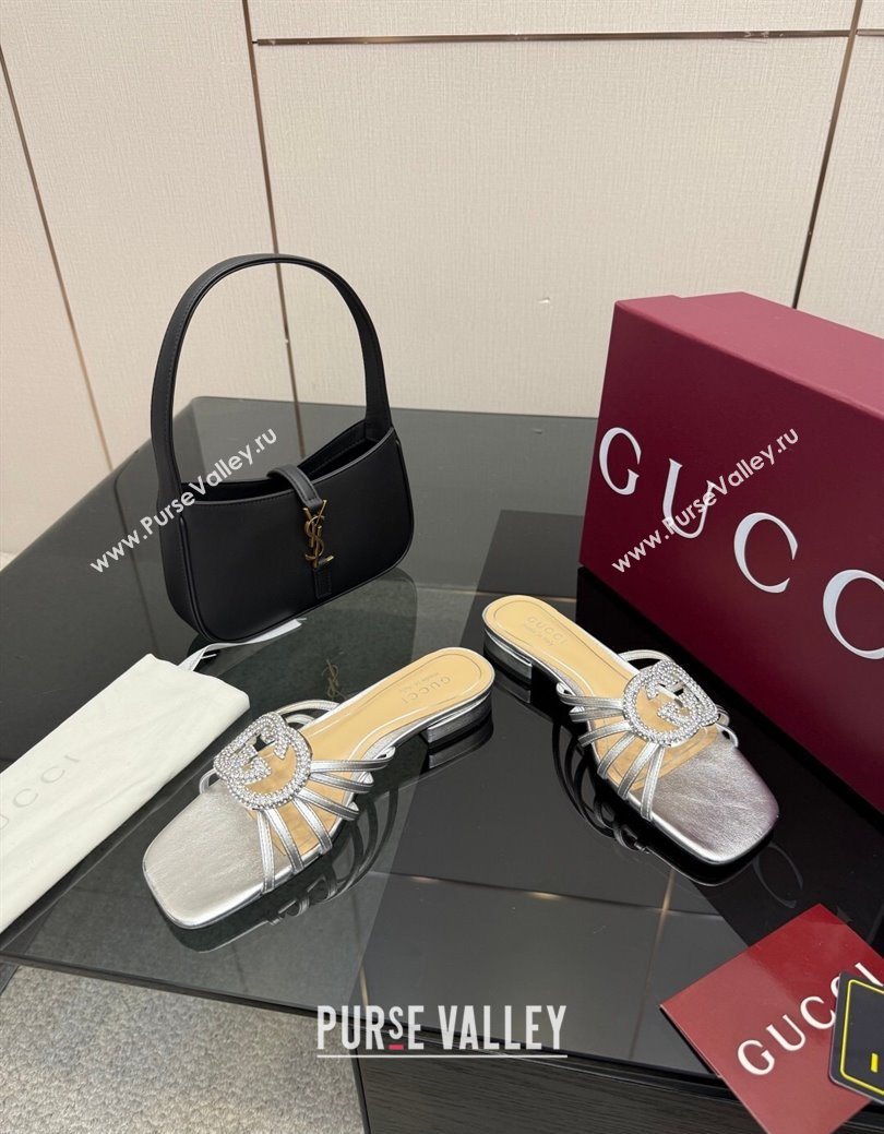 Gucci Metallic Leather Flat Slides Sandal with Strass Interlocking G Silver 2025 8523570 (MD-251219042)