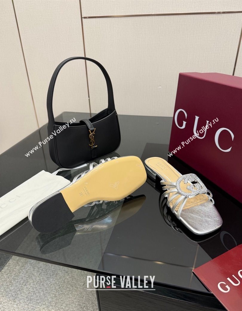 Gucci Metallic Leather Flat Slides Sandal with Strass Interlocking G Silver 2025 8523570 (MD-251219042)
