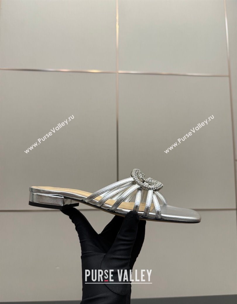 Gucci Metallic Leather Flat Slides Sandal with Strass Interlocking G Silver 2025 8523570 (MD-251219042)