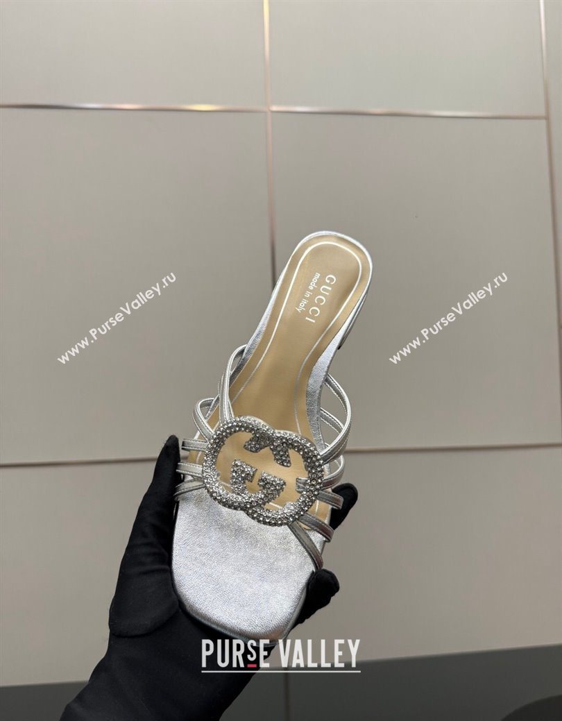 Gucci Metallic Leather Flat Slides Sandal with Strass Interlocking G Silver 2025 8523570 (MD-251219042)