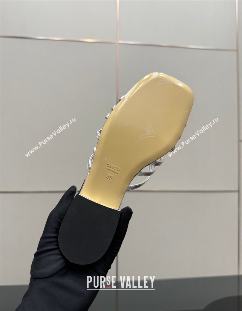 Gucci Metallic Leather Flat Slides Sandal with Strass Interlocking G Silver 2025 8523570 (MD-251219042)