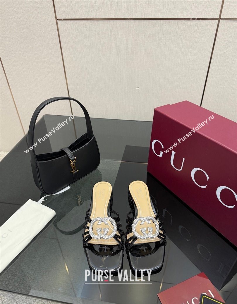 Gucci Patent Leather Flat Slides Sandal with Strass Interlocking G Black 2025 8523570 (MD-251219043)