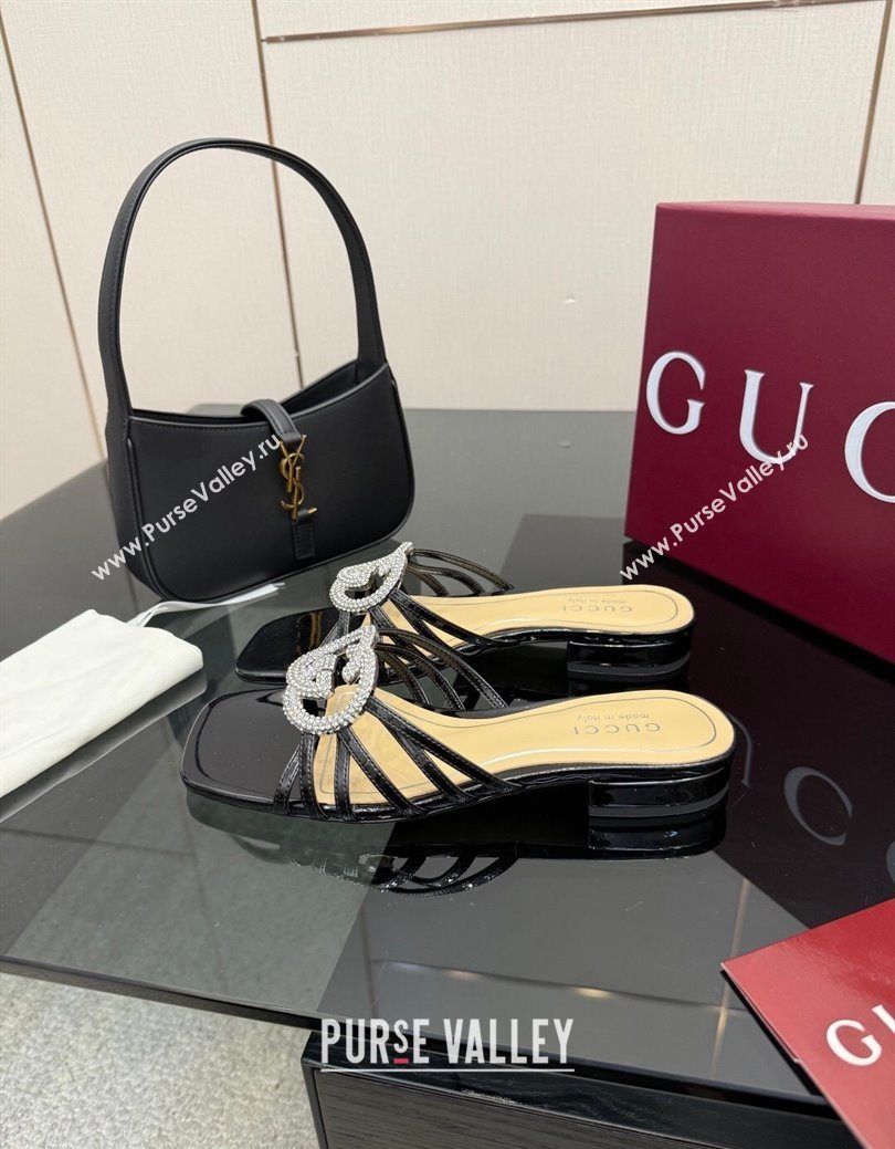 Gucci Patent Leather Flat Slides Sandal with Strass Interlocking G Black 2025 8523570 (MD-251219043)