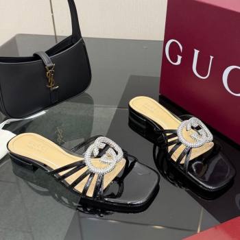 Gucci Patent Leather Flat Slides Sandal with Strass Interlocking G Black 2025 8523570 (MD-251219043)