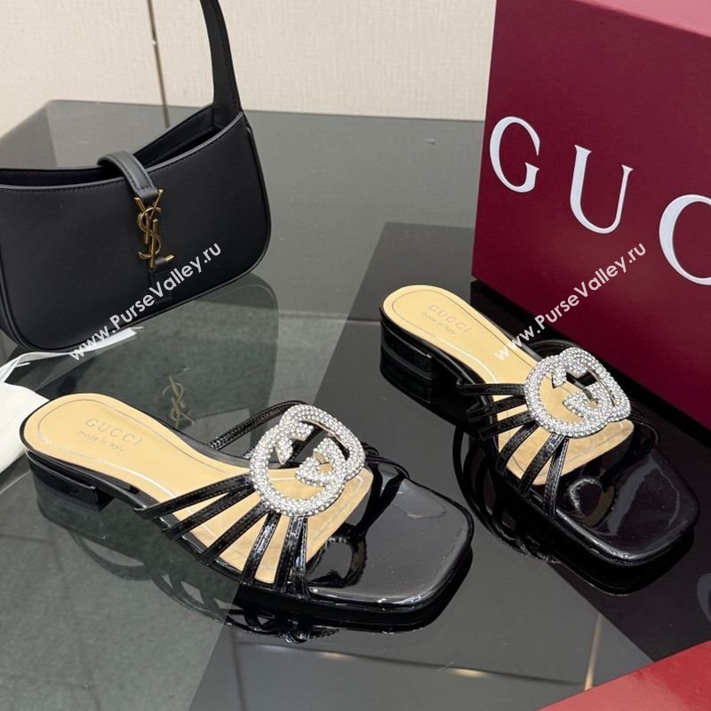Gucci Patent Leather Flat Slides Sandal with Strass Interlocking G Black 2025 8523570 (MD-251219043)