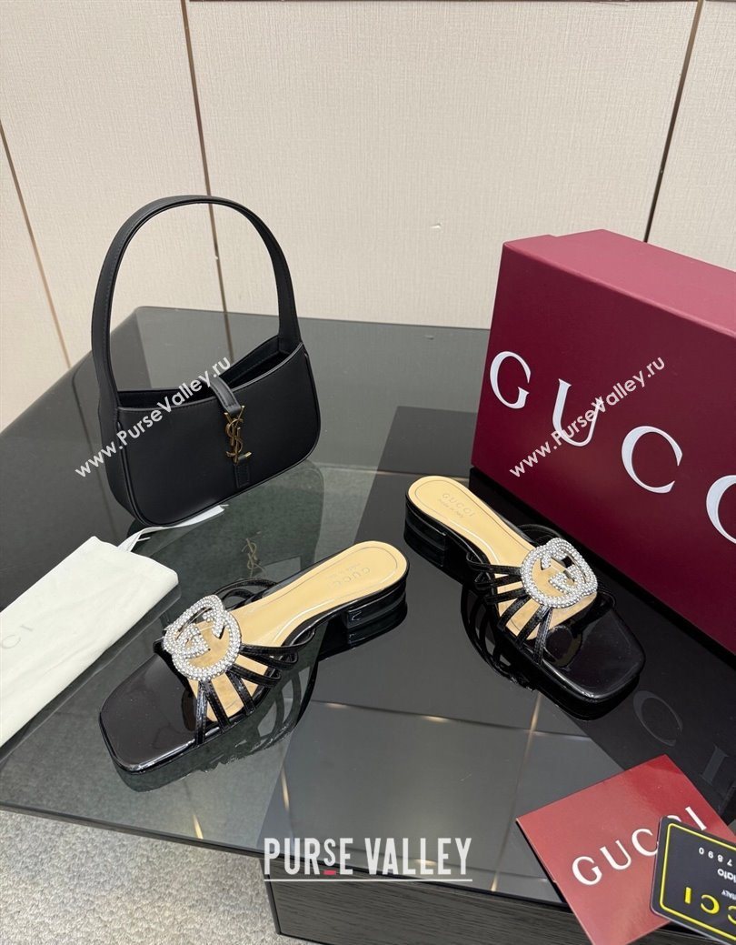 Gucci Patent Leather Flat Slides Sandal with Strass Interlocking G Black 2025 8523570 (MD-251219043)