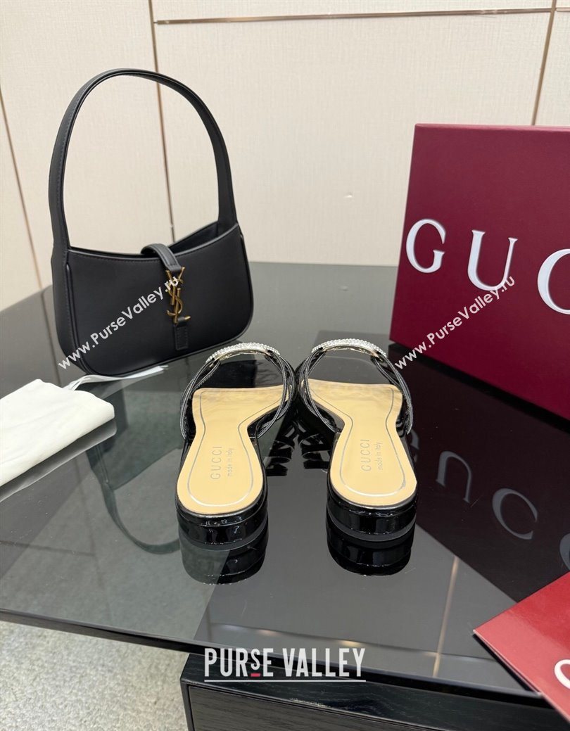 Gucci Patent Leather Flat Slides Sandal with Strass Interlocking G Black 2025 8523570 (MD-251219043)