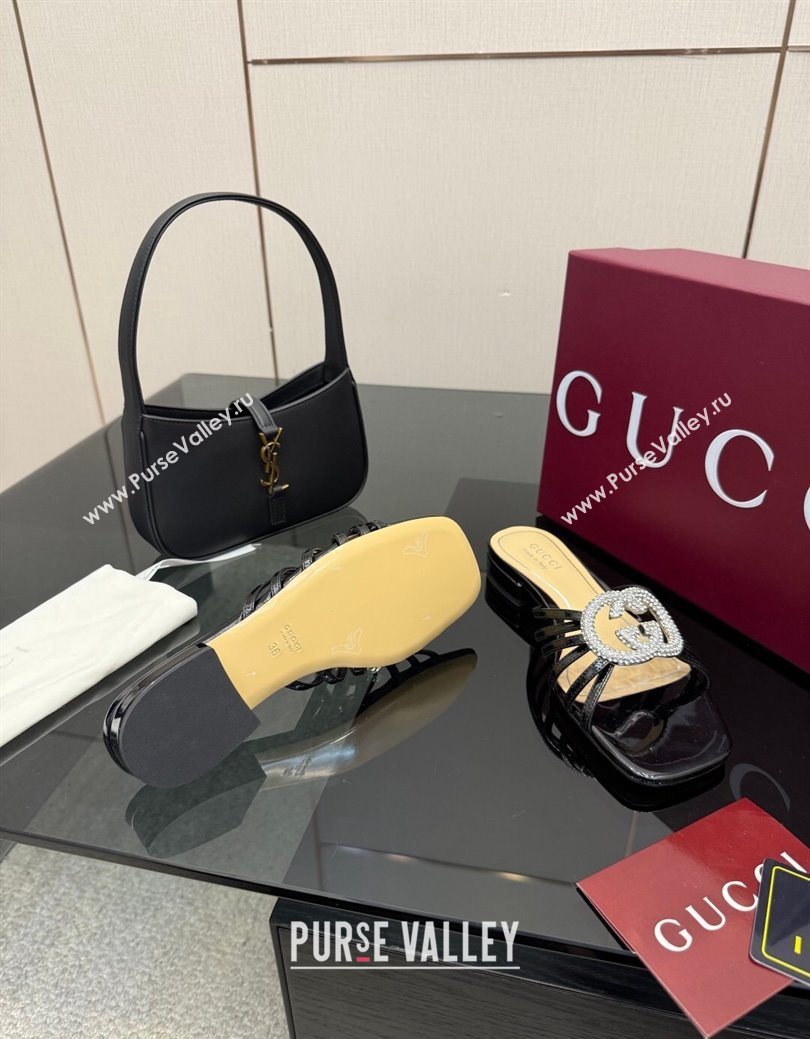 Gucci Patent Leather Flat Slides Sandal with Strass Interlocking G Black 2025 8523570 (MD-251219043)