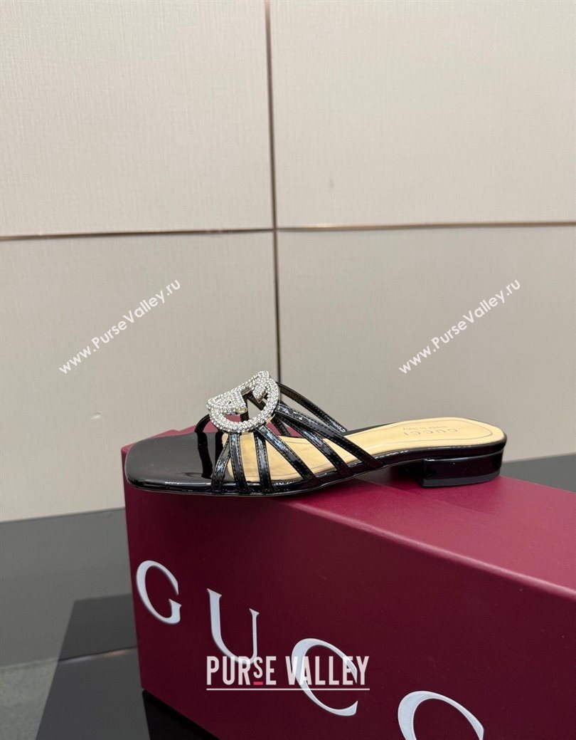 Gucci Patent Leather Flat Slides Sandal with Strass Interlocking G Black 2025 8523570 (MD-251219043)