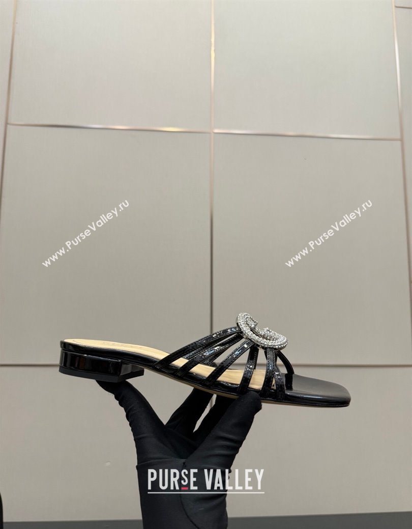 Gucci Patent Leather Flat Slides Sandal with Strass Interlocking G Black 2025 8523570 (MD-251219043)