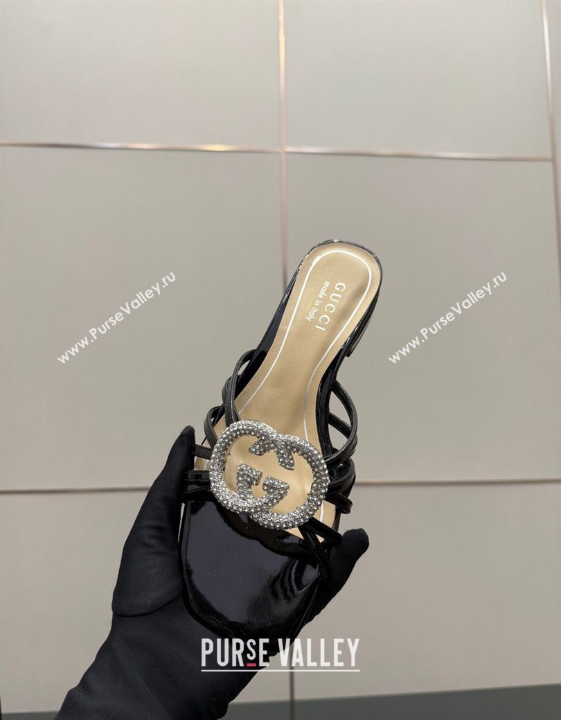 Gucci Patent Leather Flat Slides Sandal with Strass Interlocking G Black 2025 8523570 (MD-251219043)