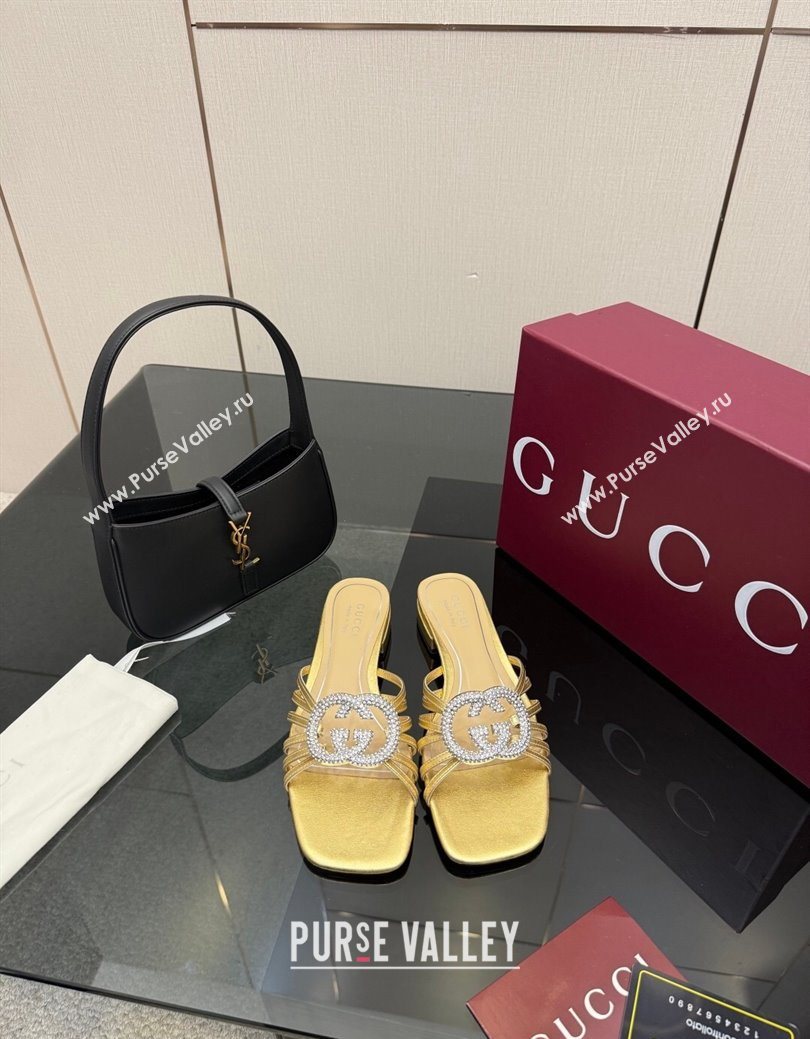 Gucci Metallic Leather Flat Slides Sandal with Strass Interlocking G Gold 2025 8523570 (MD-251219044)