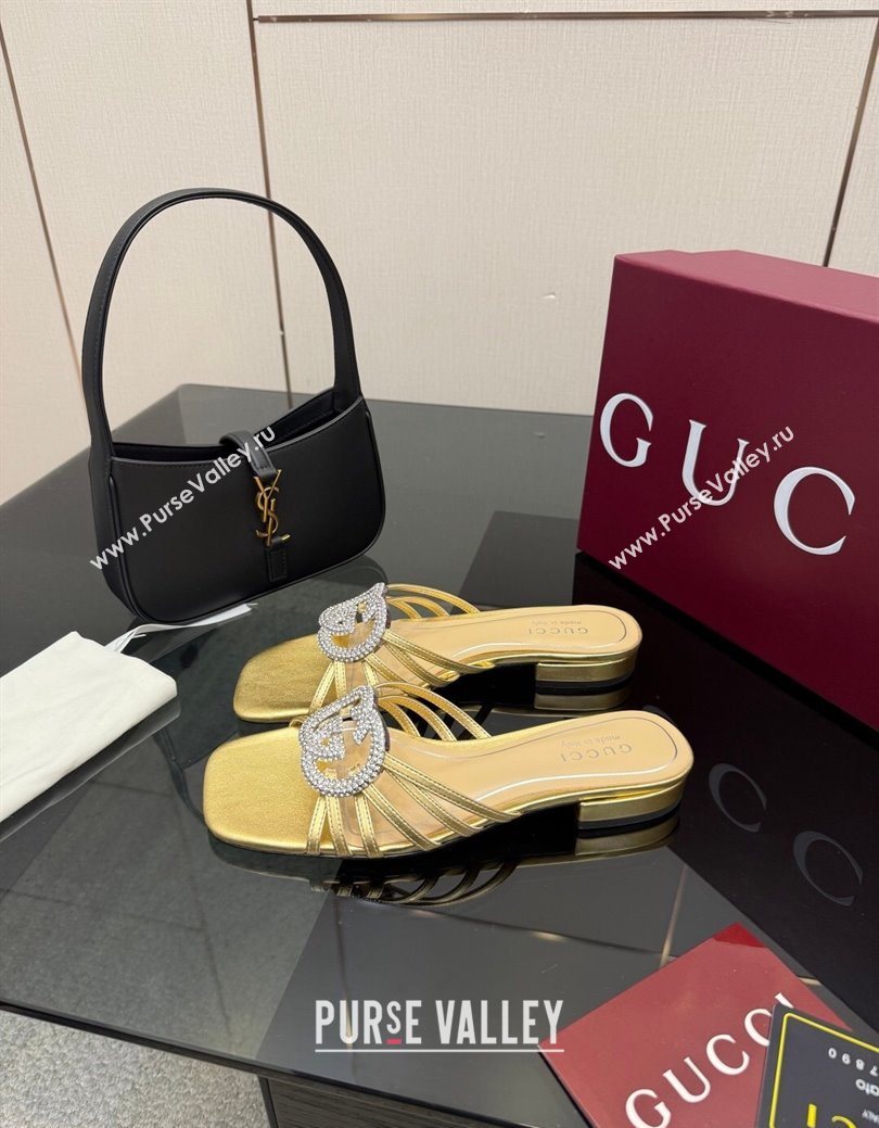 Gucci Metallic Leather Flat Slides Sandal with Strass Interlocking G Gold 2025 8523570 (MD-251219044)