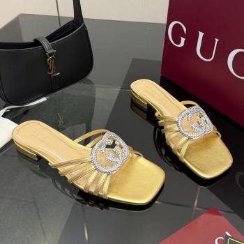 Gucci Metallic Leather Flat Slides Sandal with Strass Interlocking G Gold 2025 8523570 (MD-251219044)