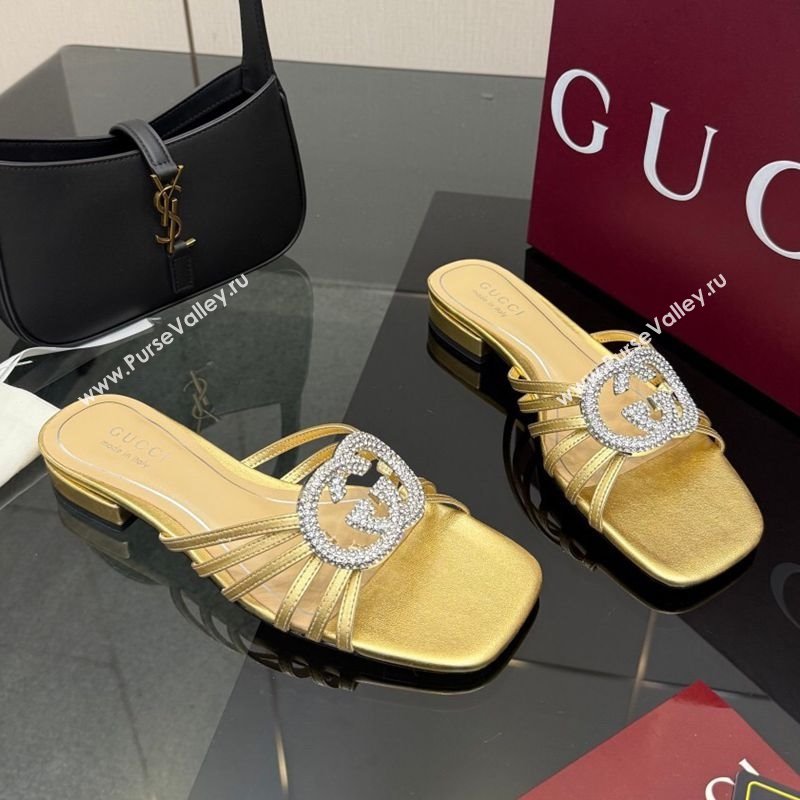 Gucci Metallic Leather Flat Slides Sandal with Strass Interlocking G Gold 2025 8523570 (MD-251219044)