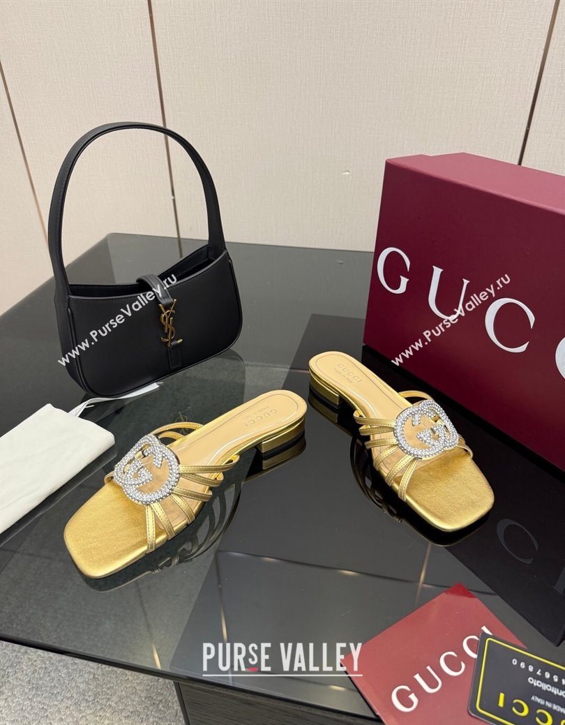 Gucci Metallic Leather Flat Slides Sandal with Strass Interlocking G Gold 2025 8523570 (MD-251219044)