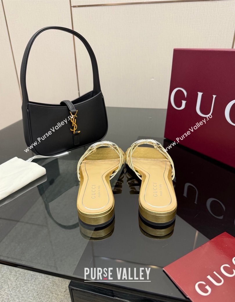 Gucci Metallic Leather Flat Slides Sandal with Strass Interlocking G Gold 2025 8523570 (MD-251219044)