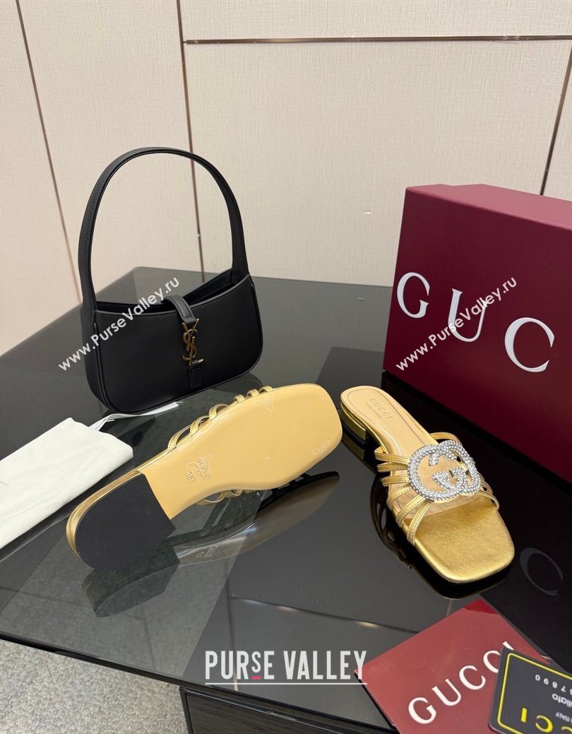 Gucci Metallic Leather Flat Slides Sandal with Strass Interlocking G Gold 2025 8523570 (MD-251219044)