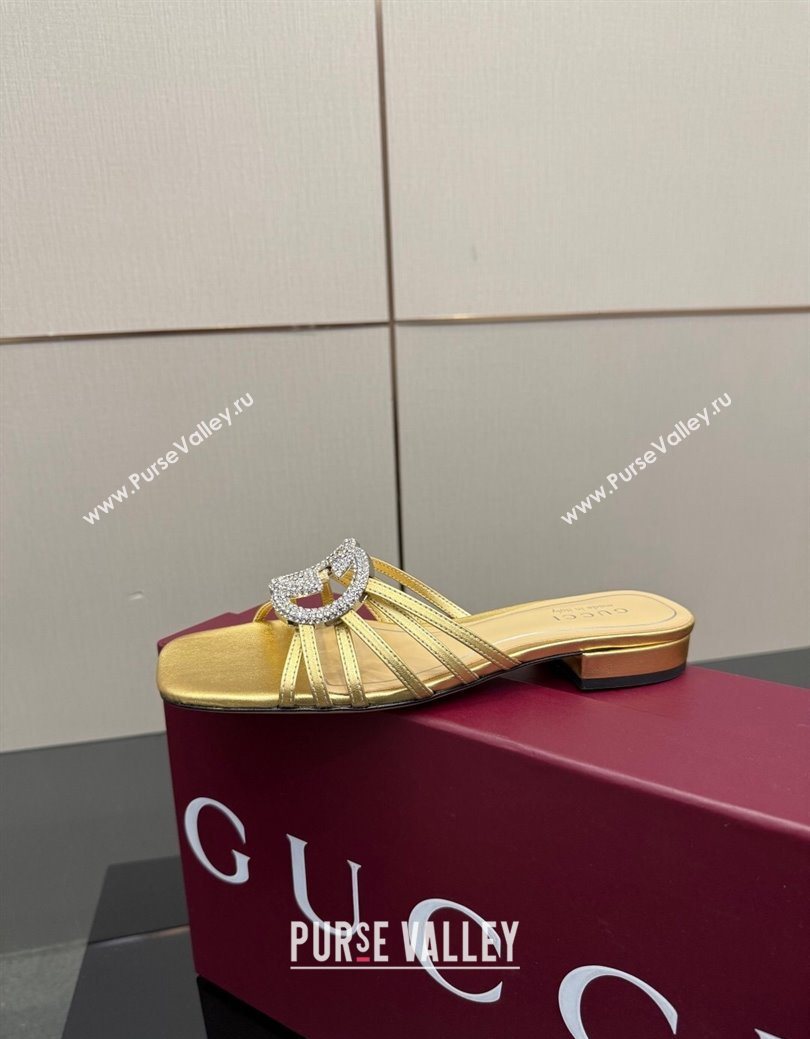 Gucci Metallic Leather Flat Slides Sandal with Strass Interlocking G Gold 2025 8523570 (MD-251219044)