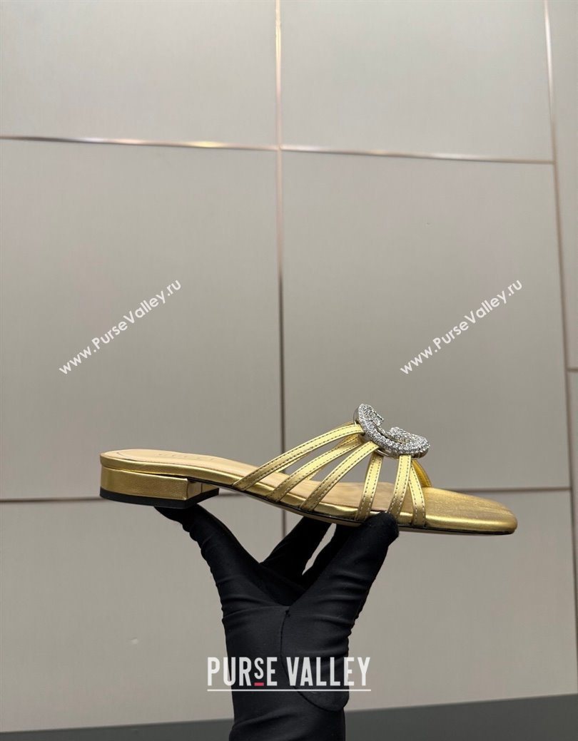 Gucci Metallic Leather Flat Slides Sandal with Strass Interlocking G Gold 2025 8523570 (MD-251219044)