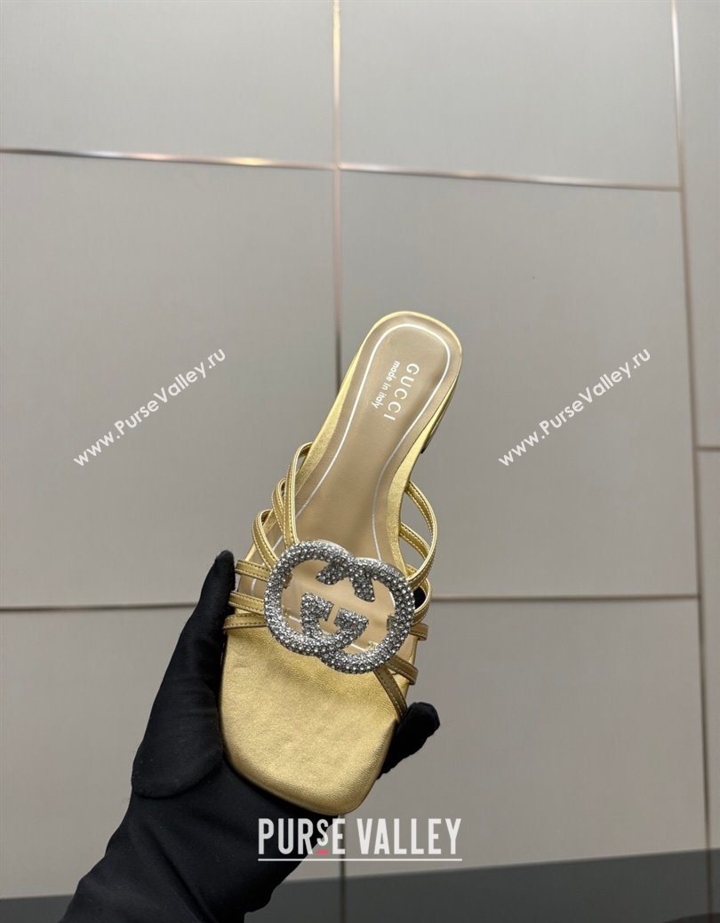 Gucci Metallic Leather Flat Slides Sandal with Strass Interlocking G Gold 2025 8523570 (MD-251219044)