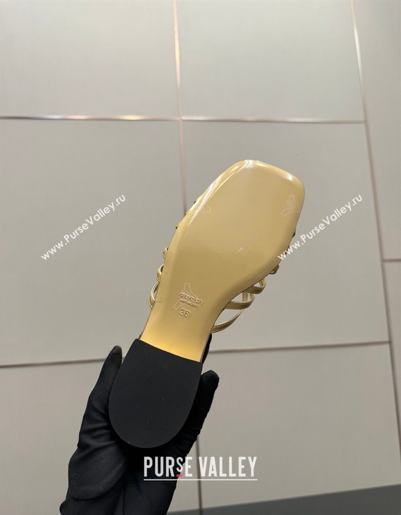 Gucci Metallic Leather Flat Slides Sandal with Strass Interlocking G Gold 2025 8523570 (MD-251219044)