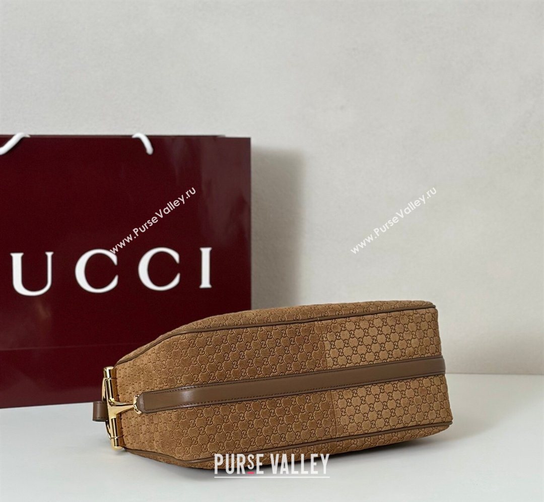 Gucci Half Horsebit medium shoulder bag in GG Suede Brown 2026 860787 (DLH-260128047)