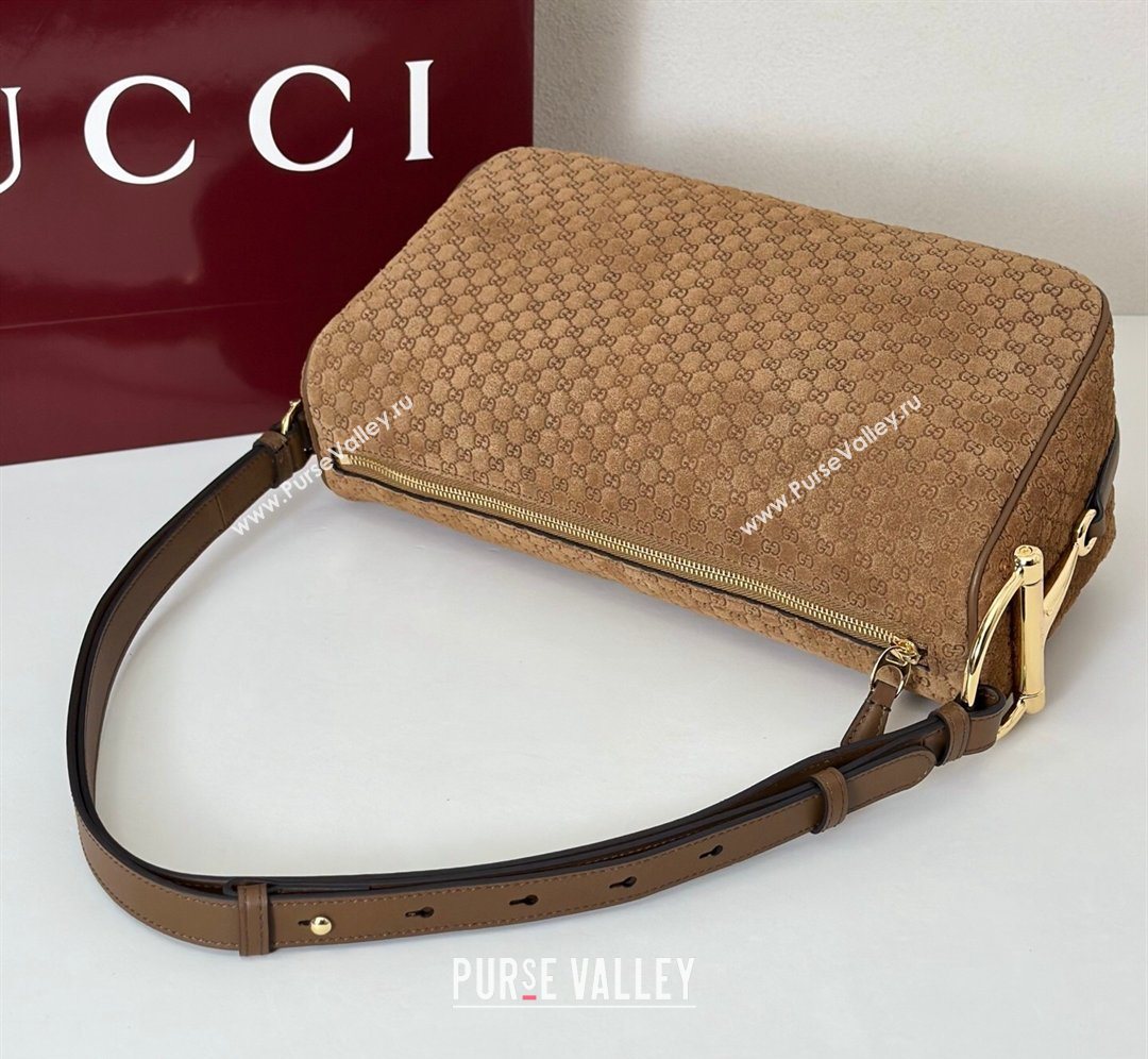 Gucci Half Horsebit medium shoulder bag in GG Suede Brown 2026 860787 (DLH-260128047)