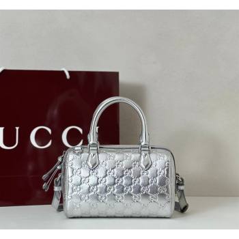 Gucci GG Emblem Leather Small Boston Bag Silver 2026 848889 (DLH-260128002)