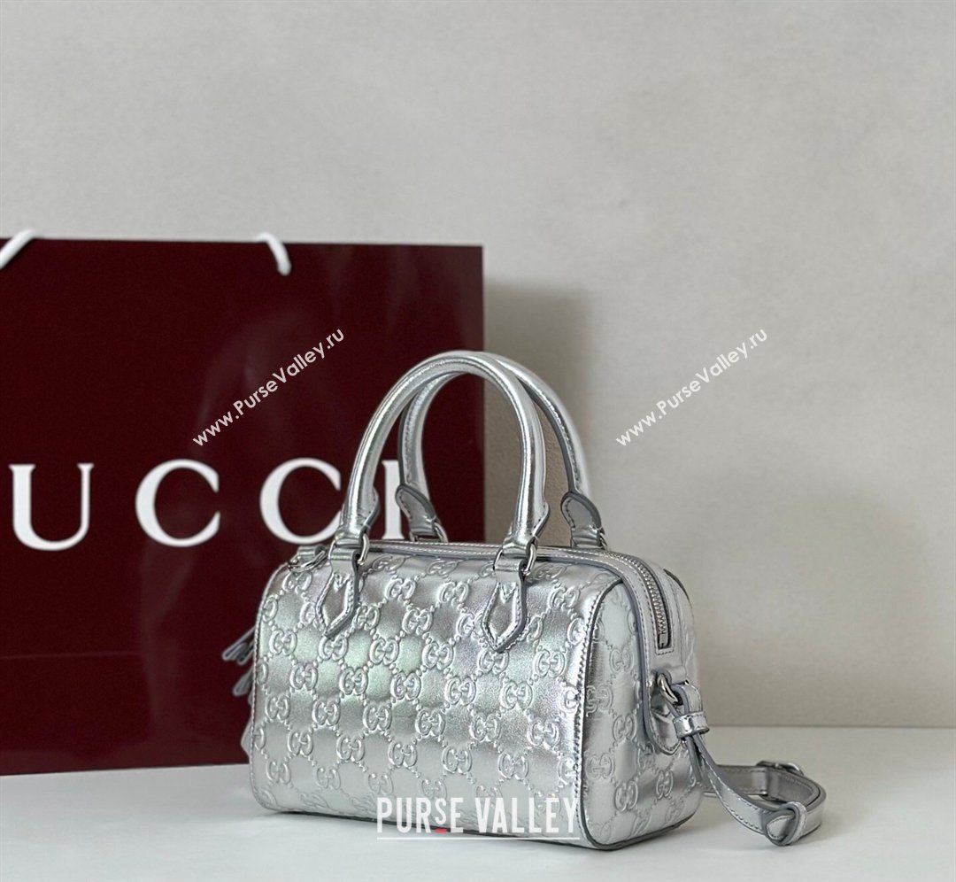 Gucci GG Emblem Leather Small Boston Bag Silver 2026 848889 (DLH-260128002)