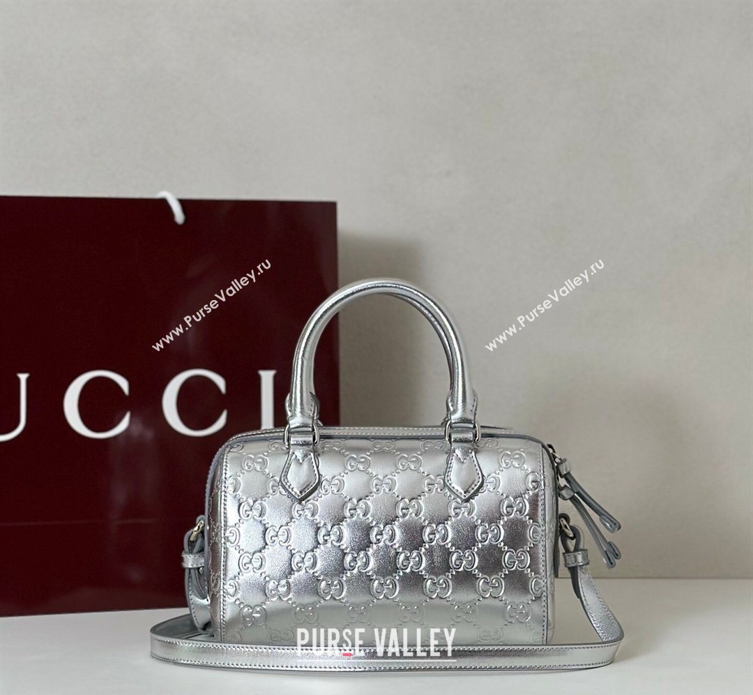 Gucci GG Emblem Leather Small Boston Bag Silver 2026 848889 (DLH-260128002)