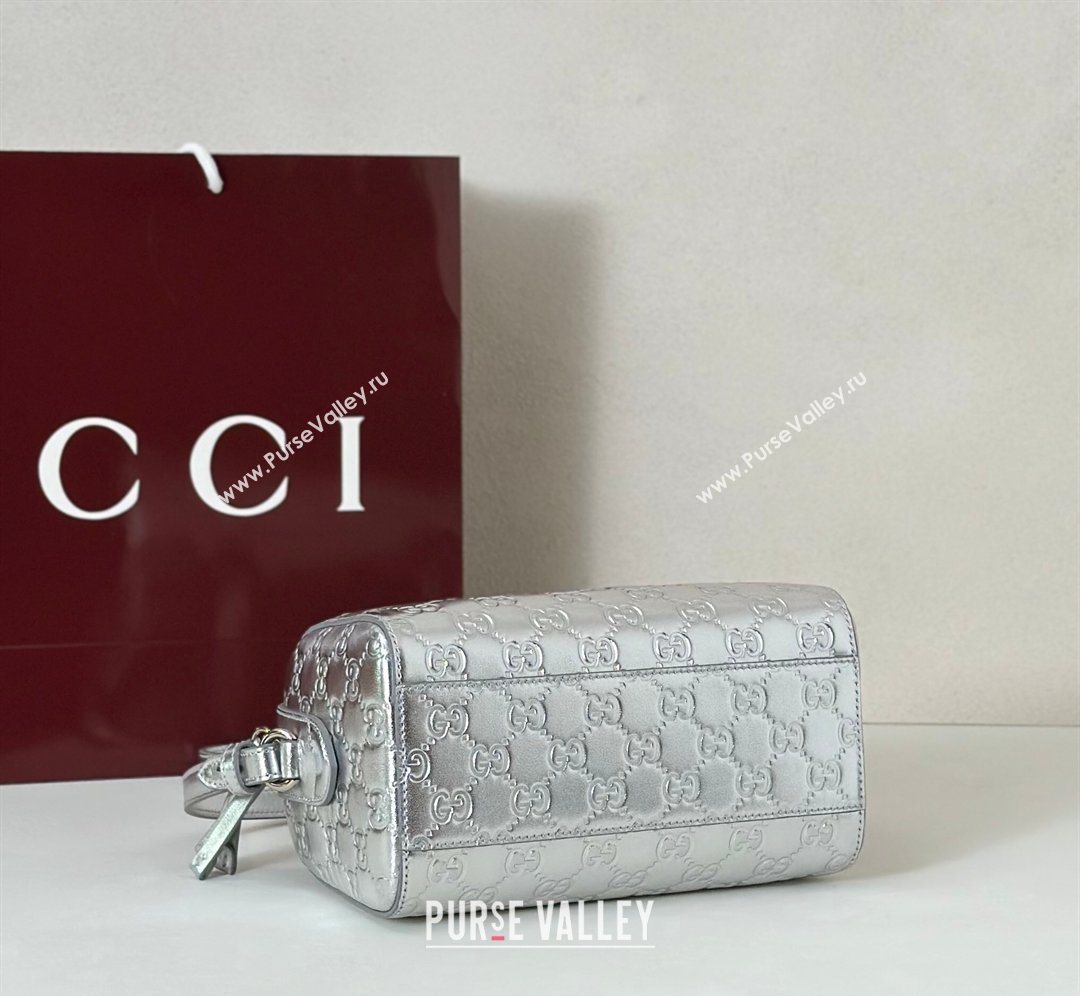 Gucci GG Emblem Leather Small Boston Bag Silver 2026 848889 (DLH-260128002)