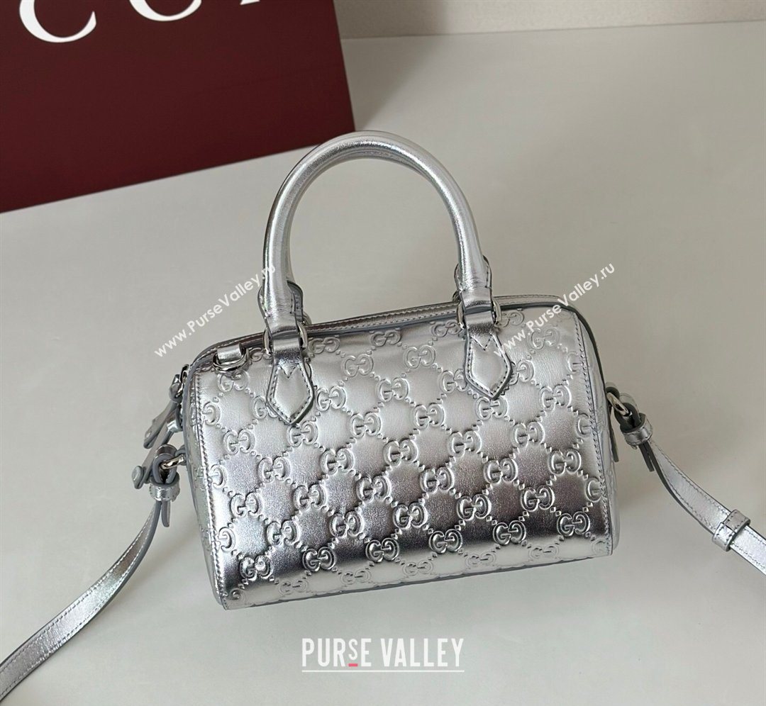 Gucci GG Emblem Leather Small Boston Bag Silver 2026 848889 (DLH-260128002)