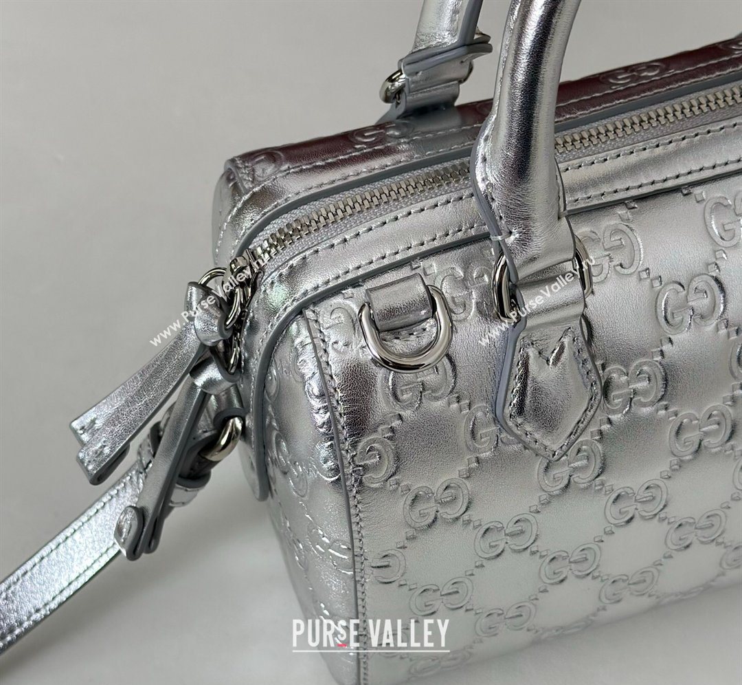 Gucci GG Emblem Leather Small Boston Bag Silver 2026 848889 (DLH-260128002)