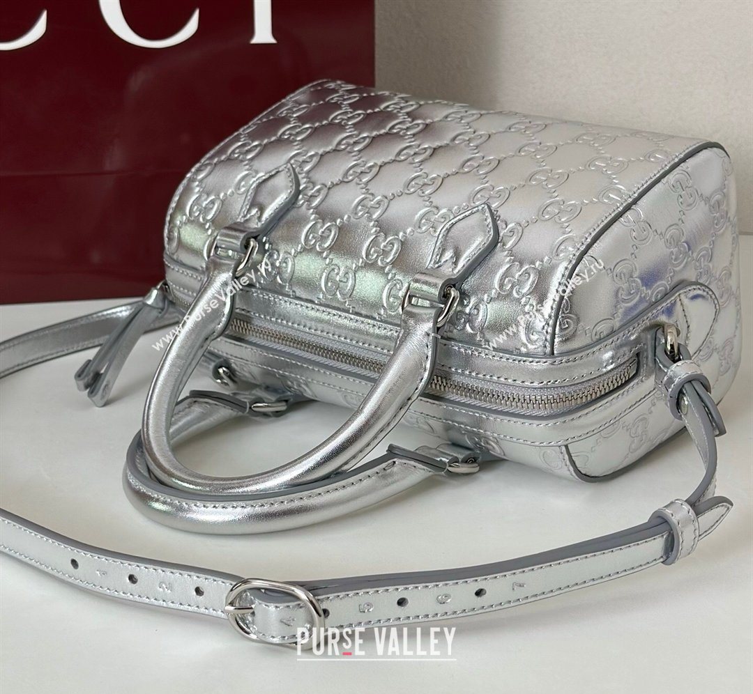 Gucci GG Emblem Leather Small Boston Bag Silver 2026 848889 (DLH-260128002)