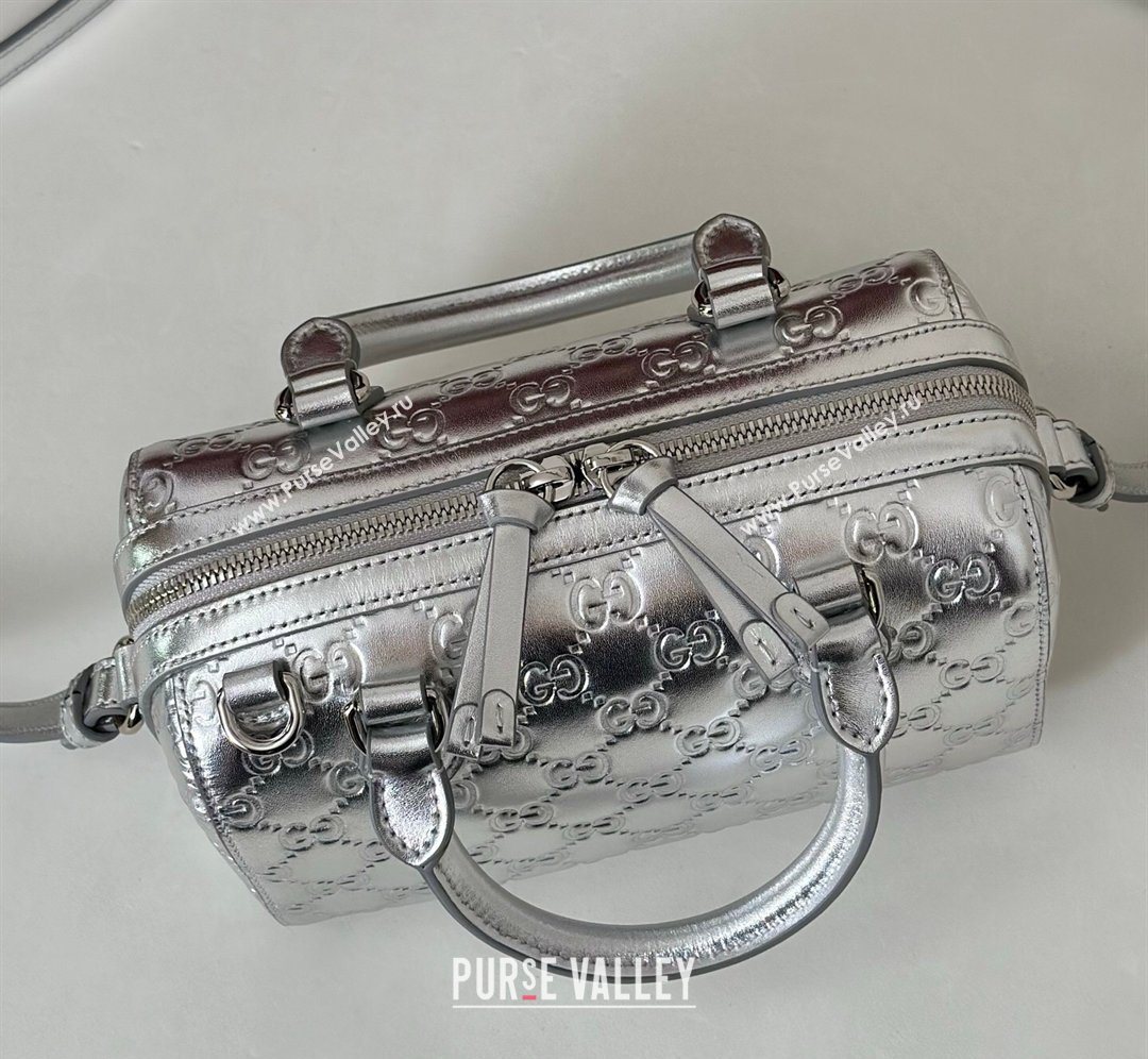 Gucci GG Emblem Leather Small Boston Bag Silver 2026 848889 (DLH-260128002)