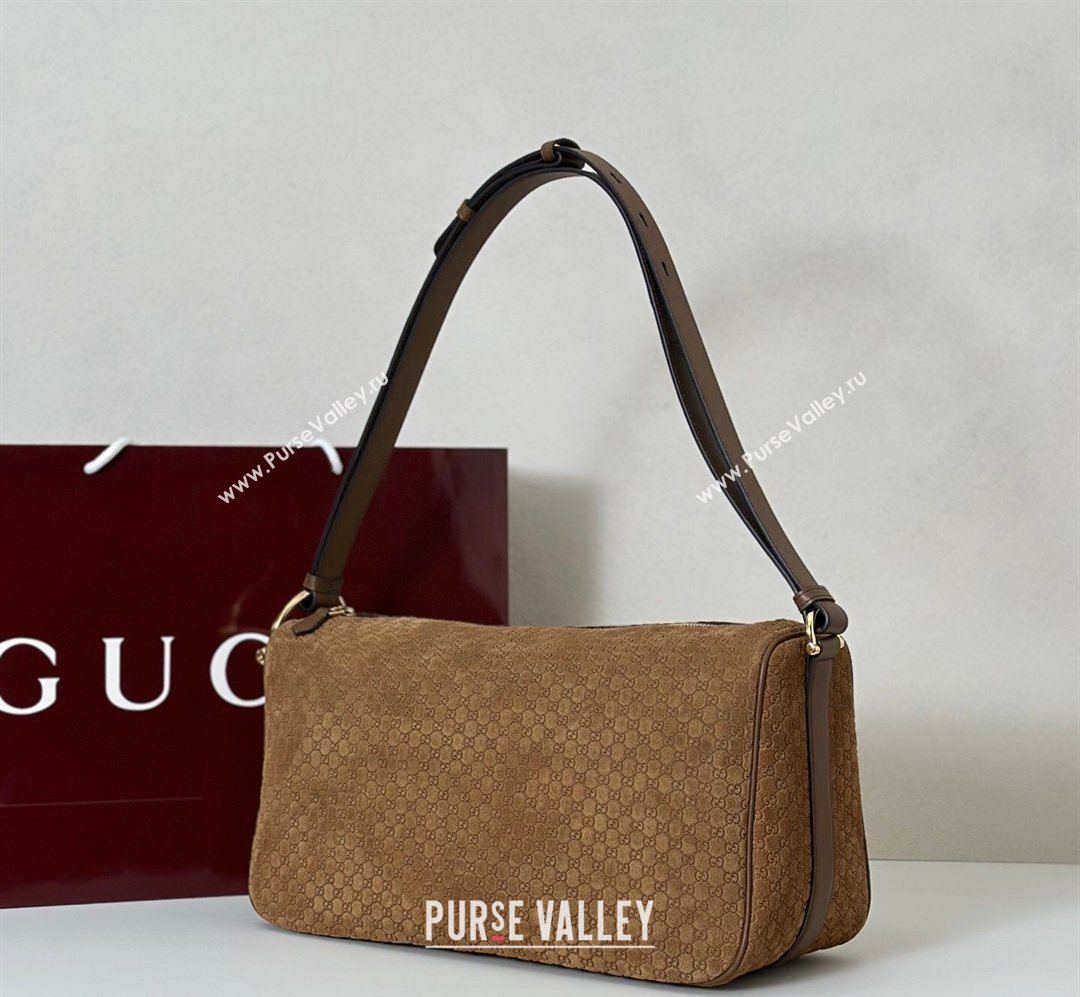 Gucci Half Horsebit large shoulder bag in GG Suede Brown 2026 862530 (DLH-260128037)