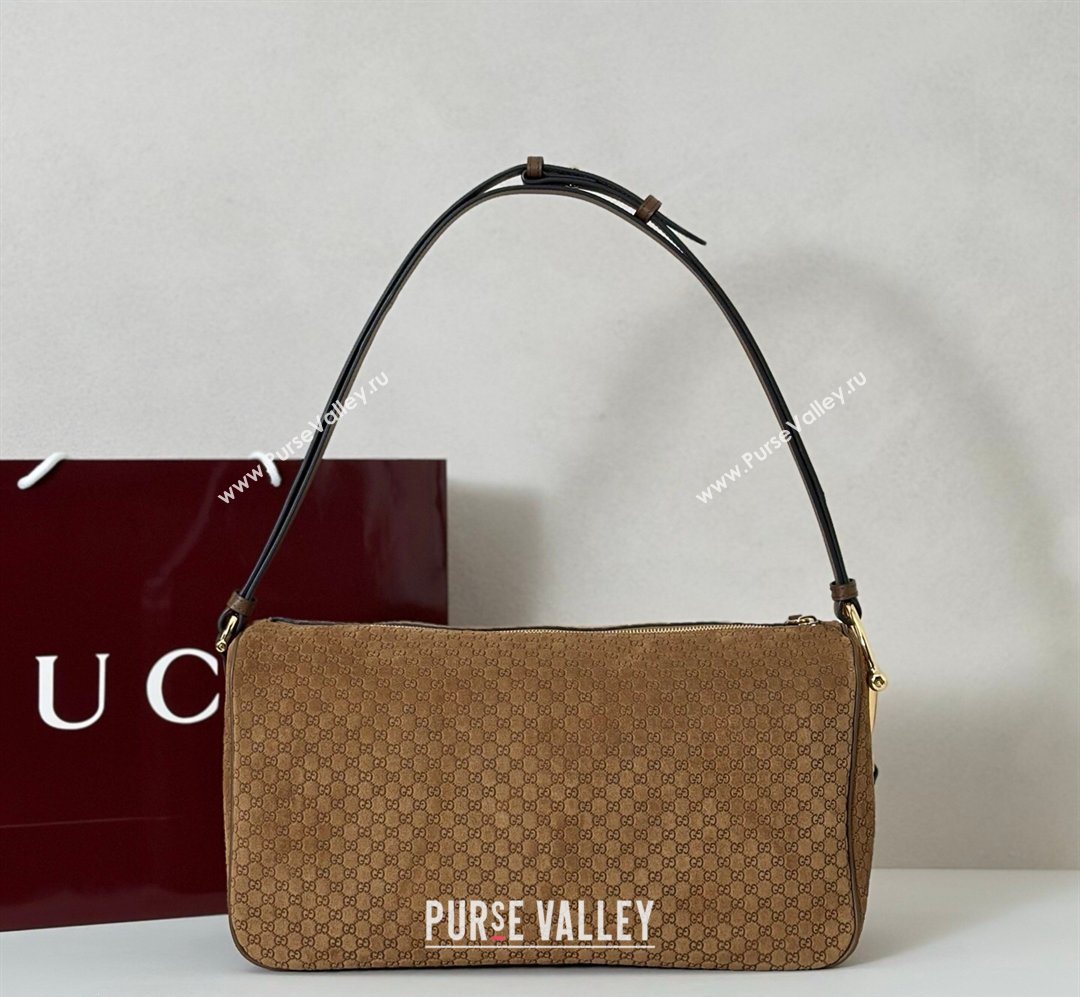 Gucci Half Horsebit large shoulder bag in GG Suede Brown 2026 862530 (DLH-260128037)
