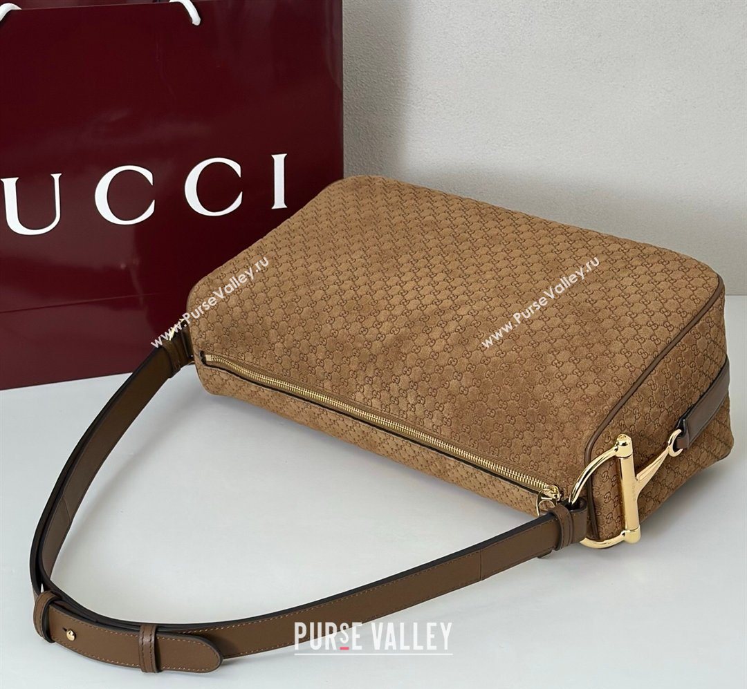 Gucci Half Horsebit large shoulder bag in GG Suede Brown 2026 862530 (DLH-260128037)