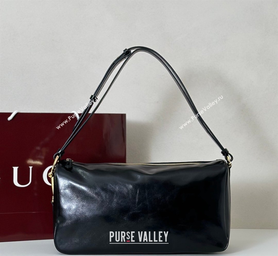 Gucci Half Horsebit large shoulder bag in Crinkle Patent Leather Black 2026 862530 (DLH-260128044)