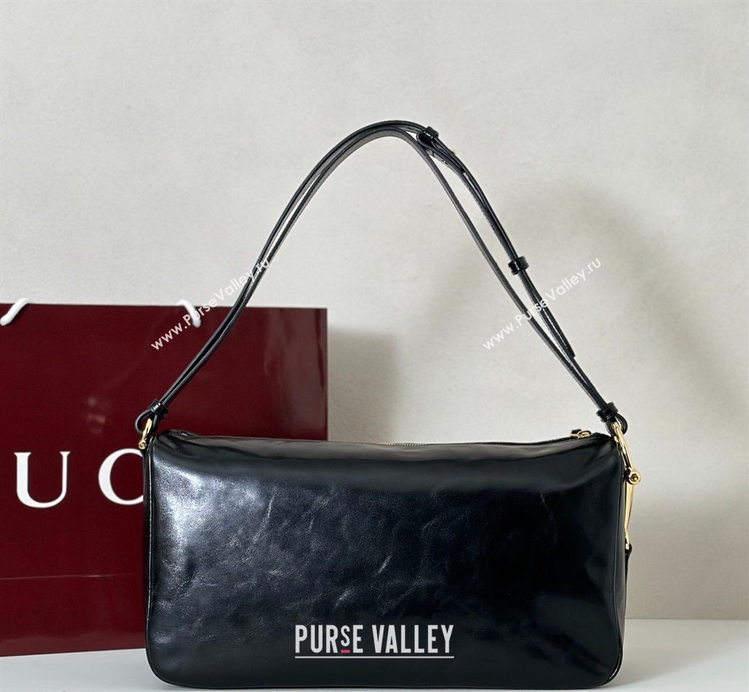 Gucci Half Horsebit large shoulder bag in Crinkle Patent Leather Black 2026 862530 (DLH-260128044)