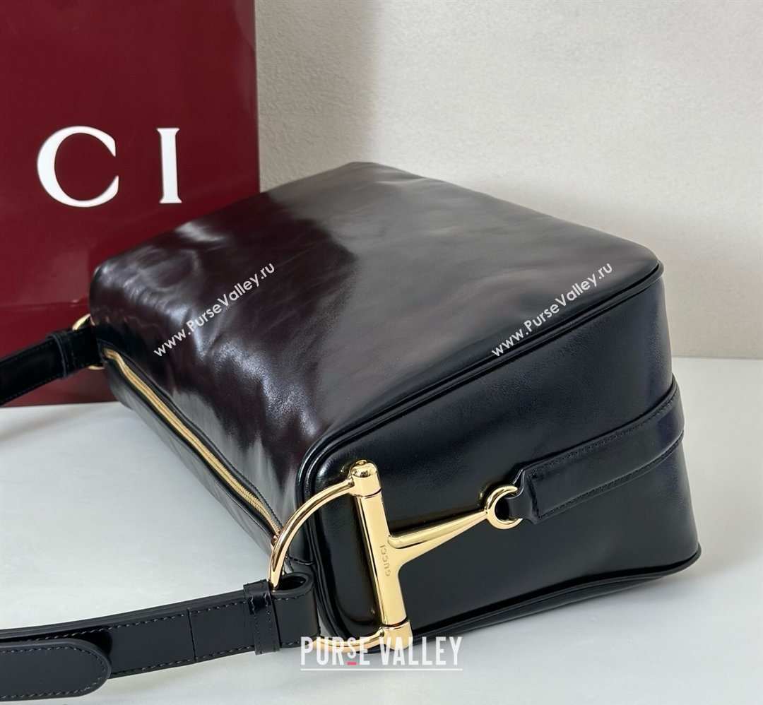 Gucci Half Horsebit large shoulder bag in Crinkle Patent Leather Black 2026 862530 (DLH-260128044)