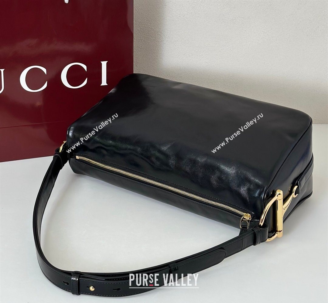 Gucci Half Horsebit large shoulder bag in Crinkle Patent Leather Black 2026 862530 (DLH-260128044)