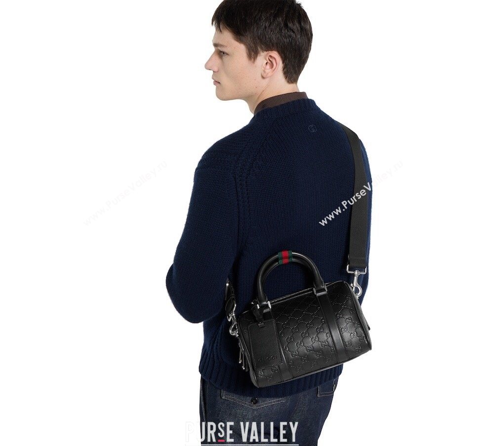 Gucci Mens GG Leather Emblem small duffle bag Black 2026 855789 (DLH-260128069)