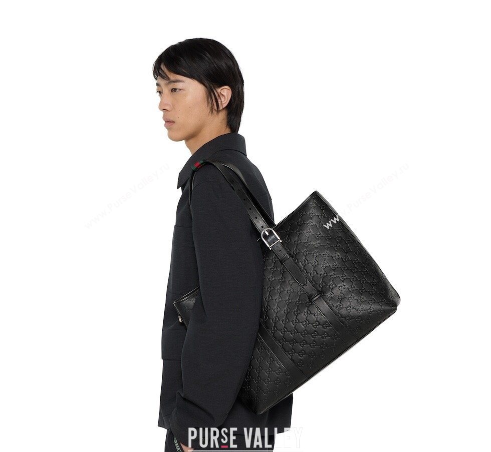 Gucci Mens GG Leather Emblem large tote bag Black 2026 850218 (DLH-260128029)