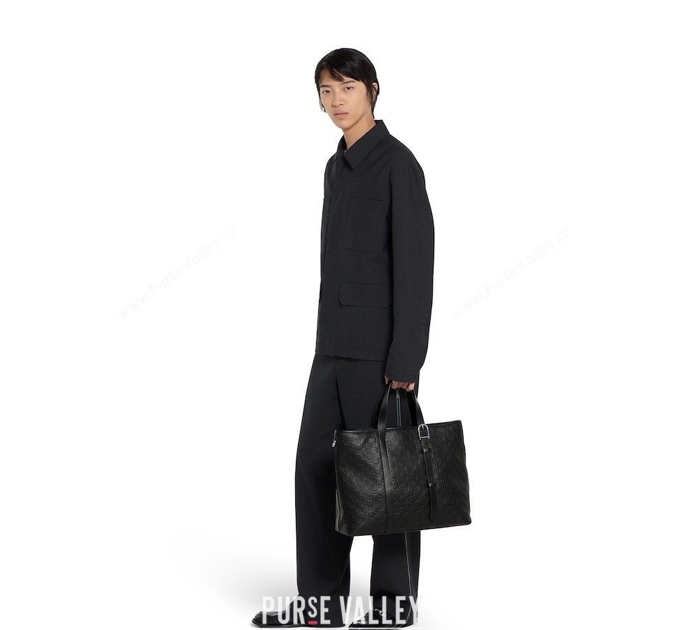 Gucci Mens GG Leather Emblem large tote bag Black 2026 850218 (DLH-260128029)