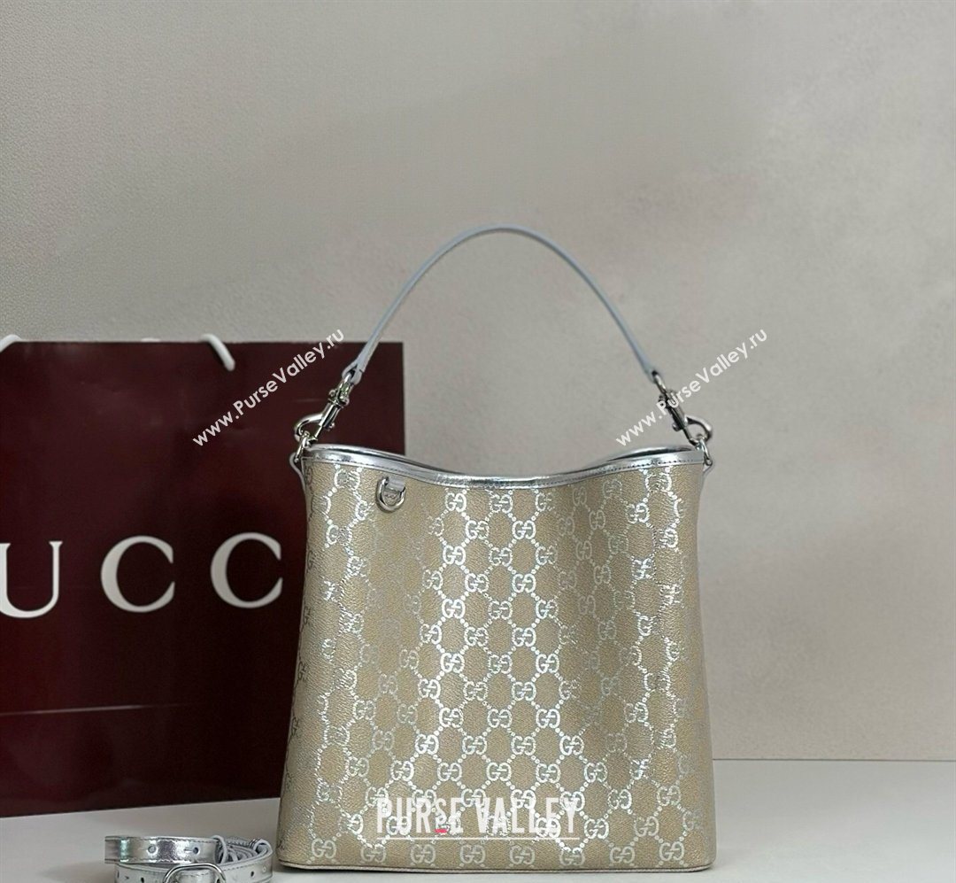 Gucci GG Canvas Emblem Medium Bucket Bag Silver 2026 815103 (DLH-260127081)